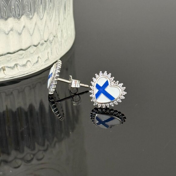 Finland Flag Earrings Heart bling S925 Sterling Silver Handmade Ear Stud - Picture 3 of 4